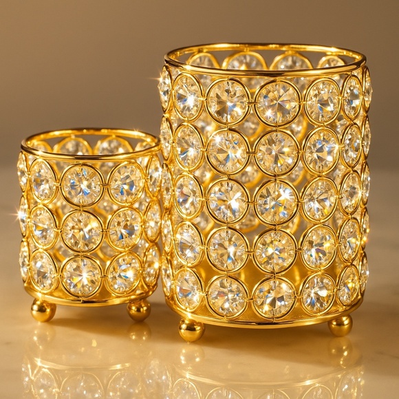 ✨ Gold Crystal Cylinder Candle Holder Set of 2 –NEW ✨ - Picture 1 of 7